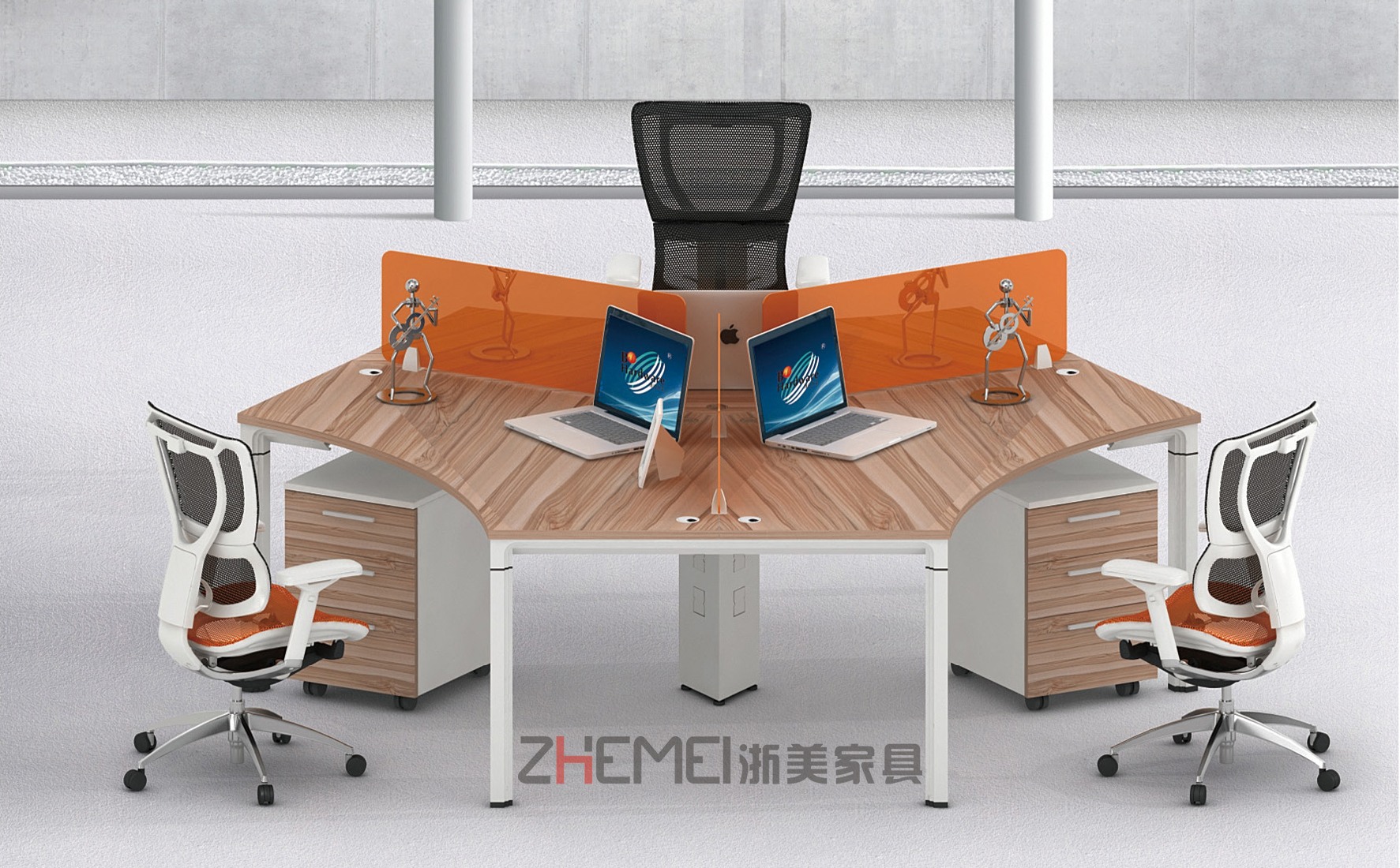 浙美办公桌、浙美办公电脑桌、南京办公家具、浙美电脑120°三人工位产品展示图